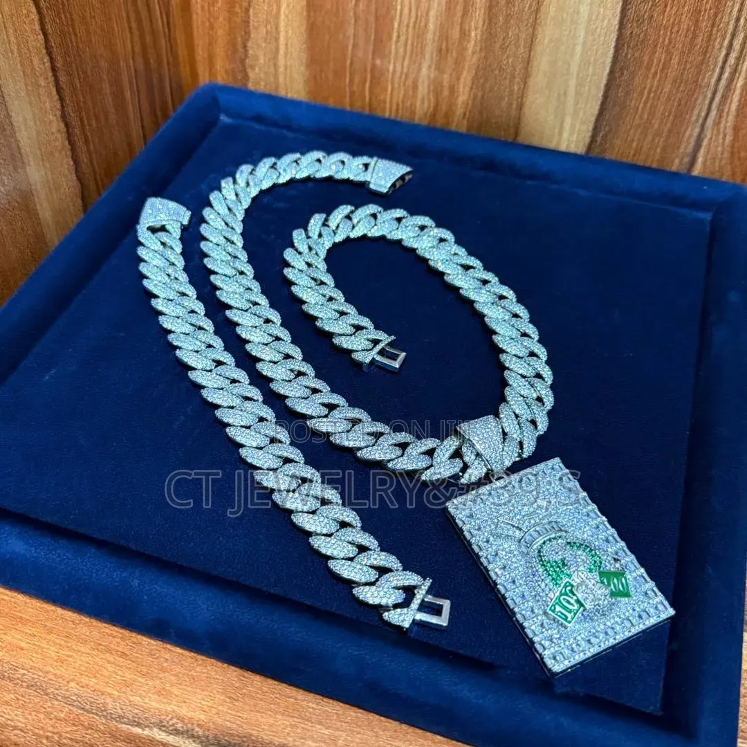 Iced Out Cuban Link Chain Bracelet Set Silver Tone, Hip-Hop Jewelry