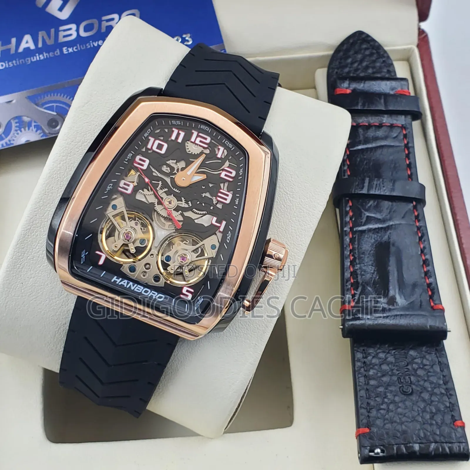 Hanboro Tonneau Skeleton Automatic Watch With Dual Straps