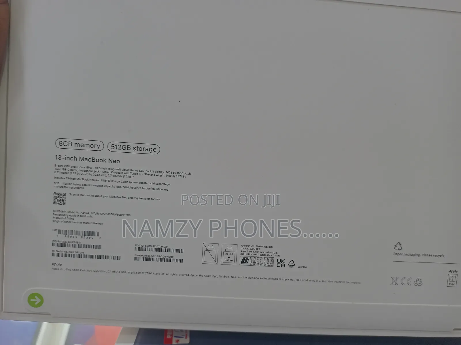 New Laptop Apple MacBook Neo 2026 8GB HDD+SSD 512GB