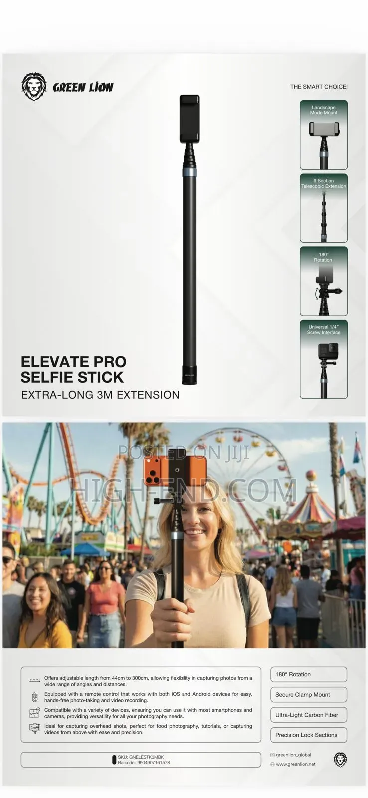 Green Lion Elevated Pro Selfie Stick 3m Extension