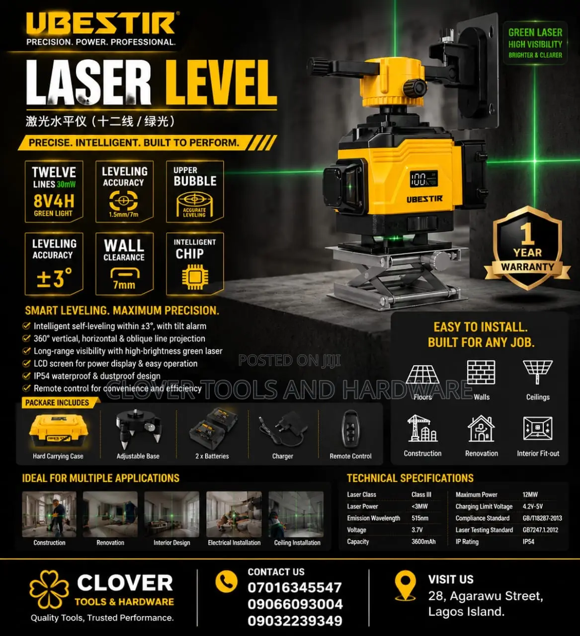 Bestir Laser Level 12 Lines 9~7m With Tripod– Precision At Every Angle