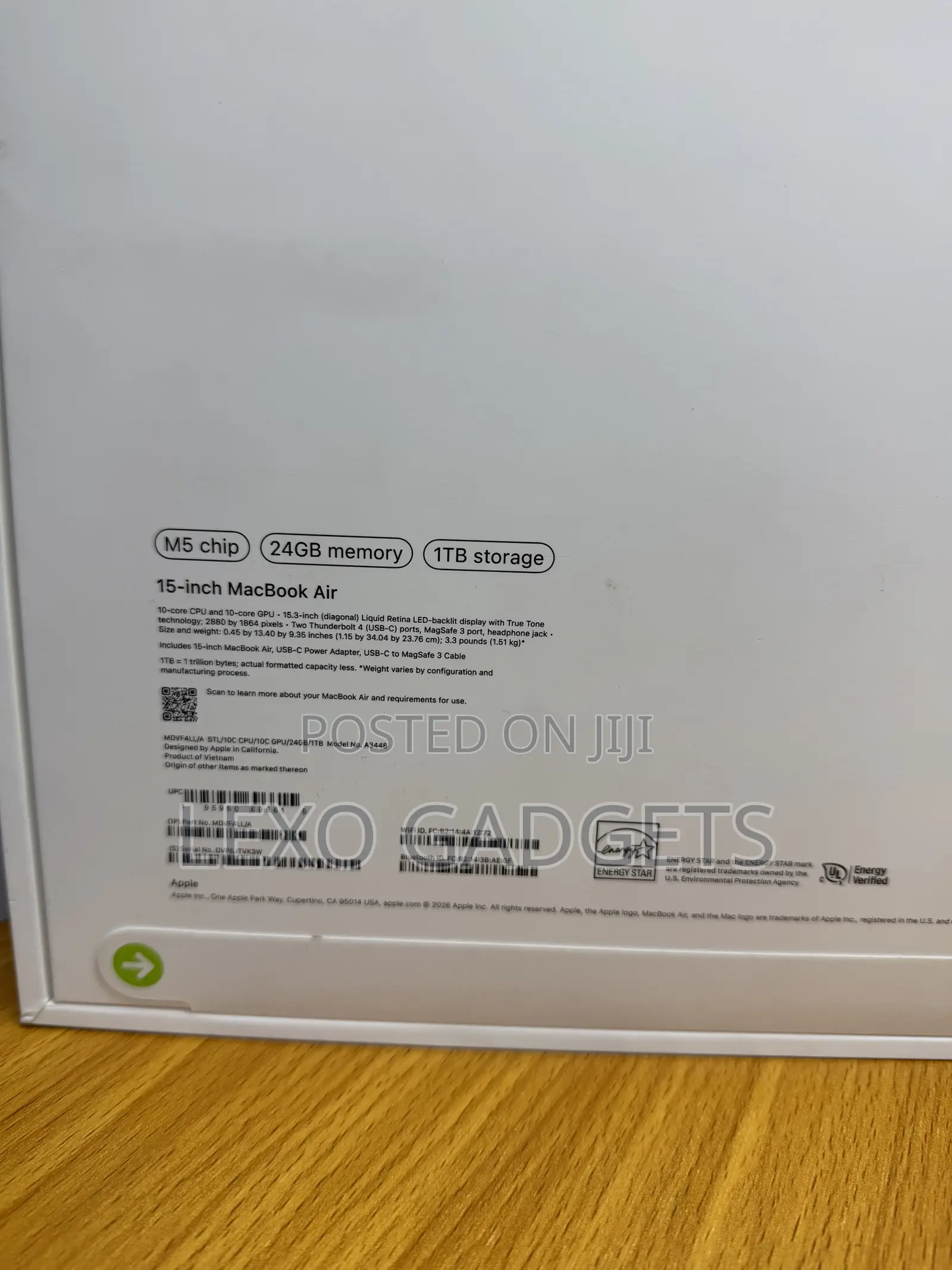 New Laptop Apple MacBook Air 2026 M5 15-inch 24GB Apple M5 SSD 1T