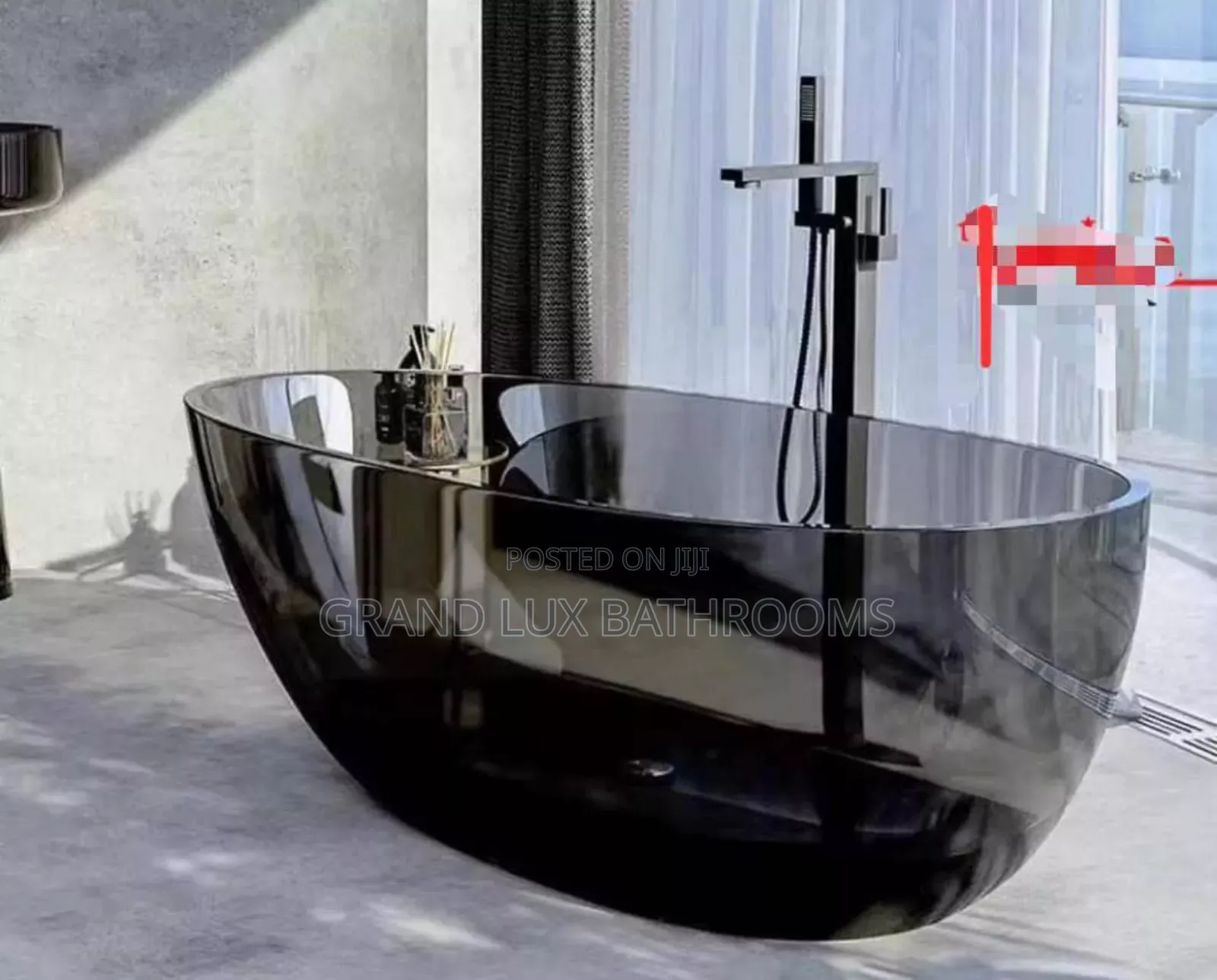 Modern Glossy Black Freestanding Oval Glass Bathtub