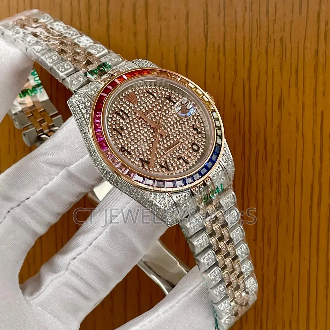 Luxury Iced Out Auto Watch Rose Gold Silver Two Tone, Pave Dial