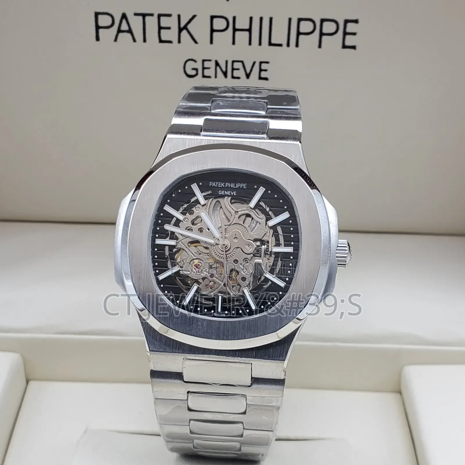 Luxury Inspired Skeleton Automatic Watch Silver Steel, Nautilus Style