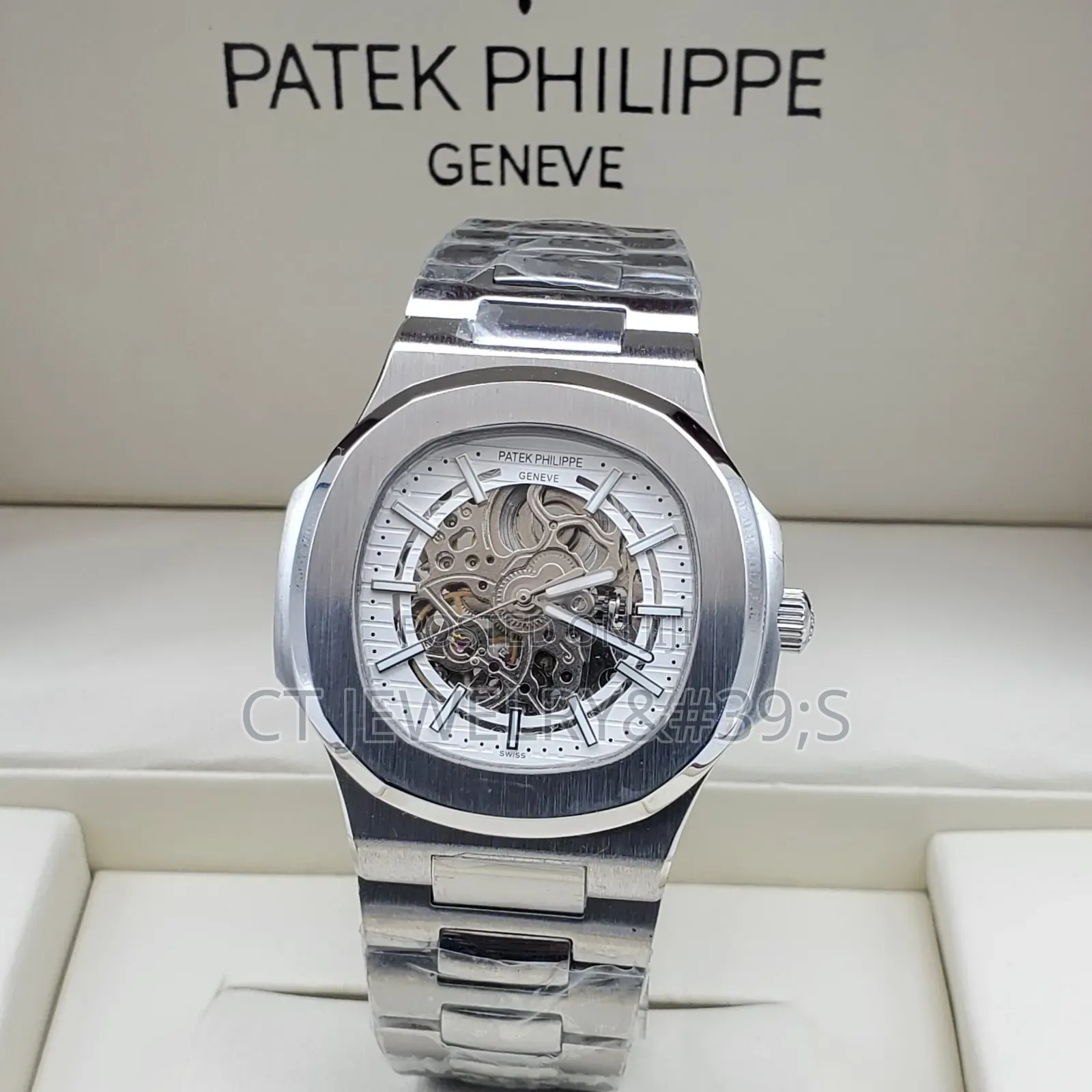 Luxury Inspired Skeleton Automatic Watch Silver Steel, Nautilus Style