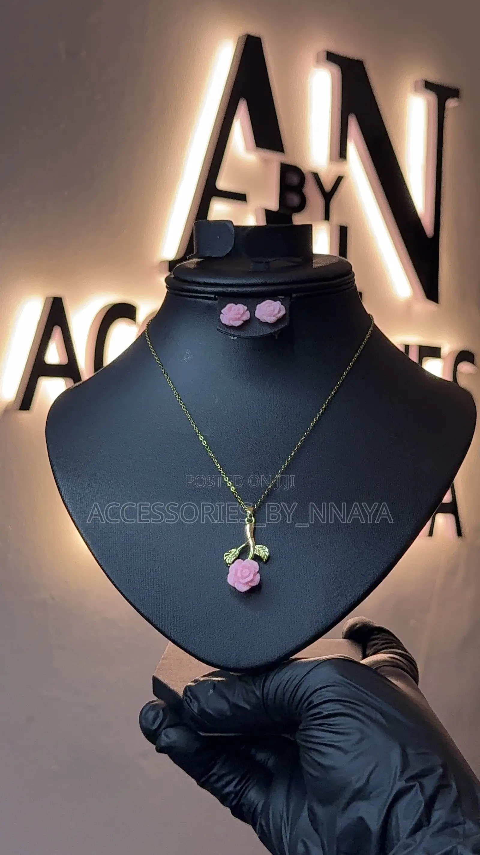 Pink Rose Pendant Necklace Earring Set - Gold-Tone