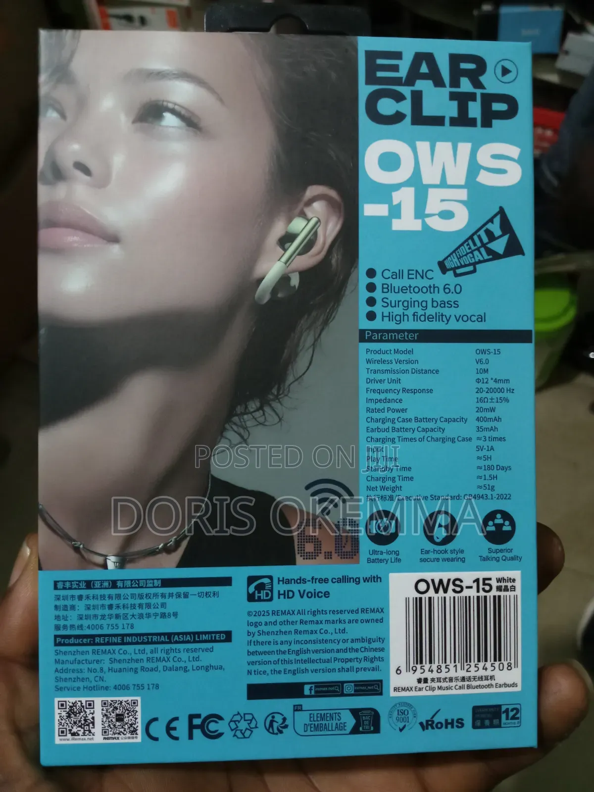 Remax Ows-15 Openbuds Clip-on Wireless Earbud Bluetooth 6.0 Hifi Sound