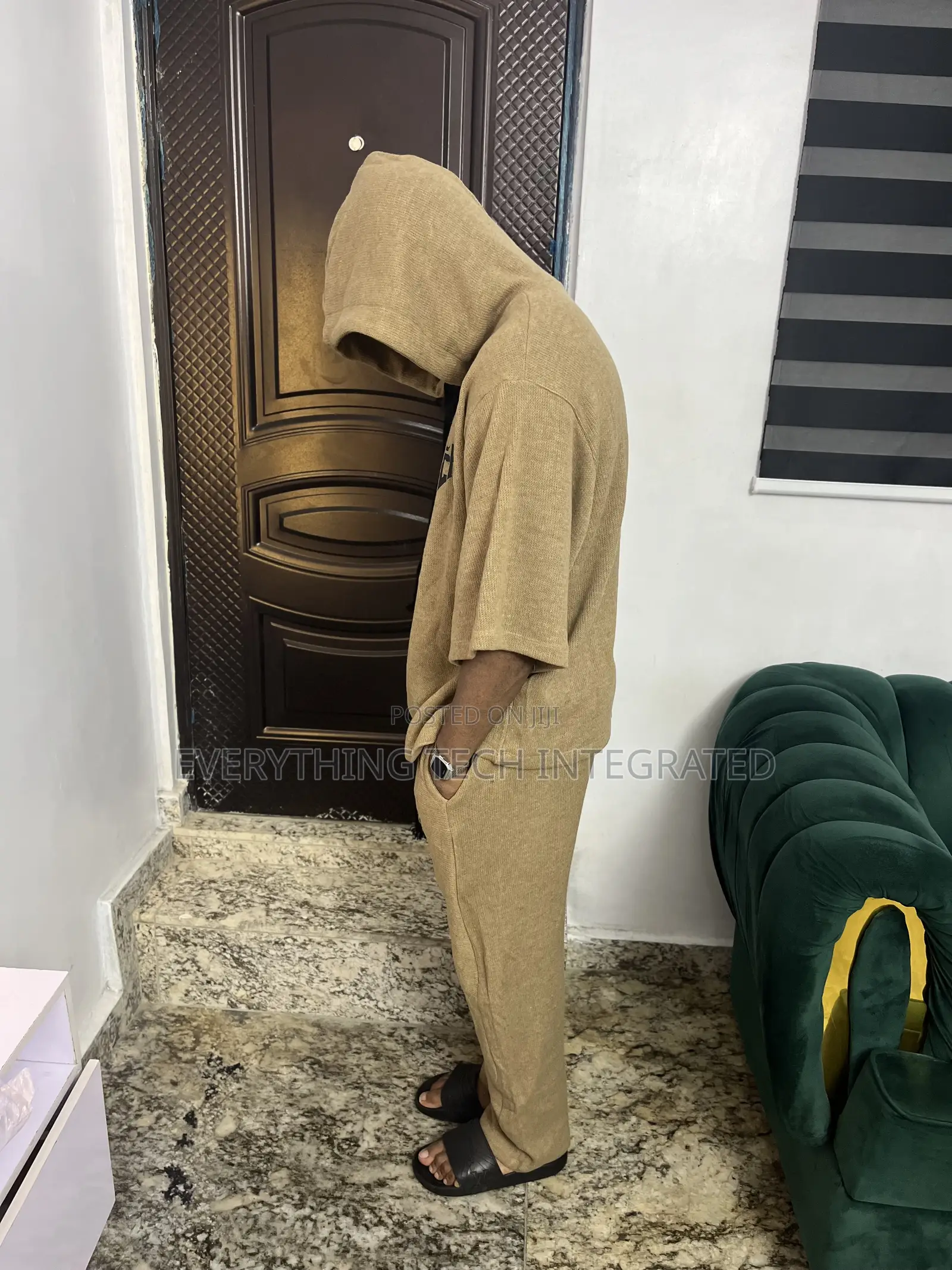 Brown Short-Sleeve Oversized Hooded T-Shirt. With Pant