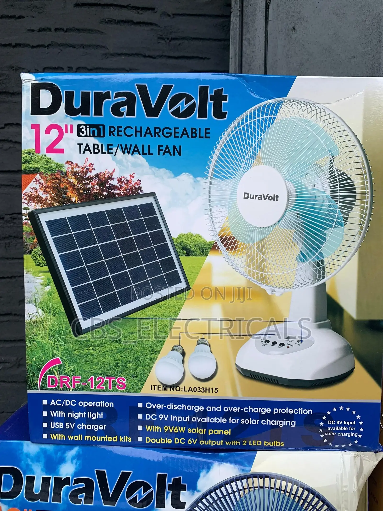 Duravolt 12" 3-in-1 Solar Rechargeable Fan