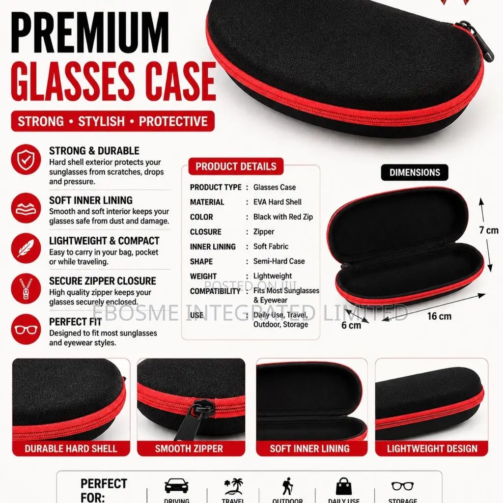 Premium Hard Shell Glasses Case – Black Red Zipper