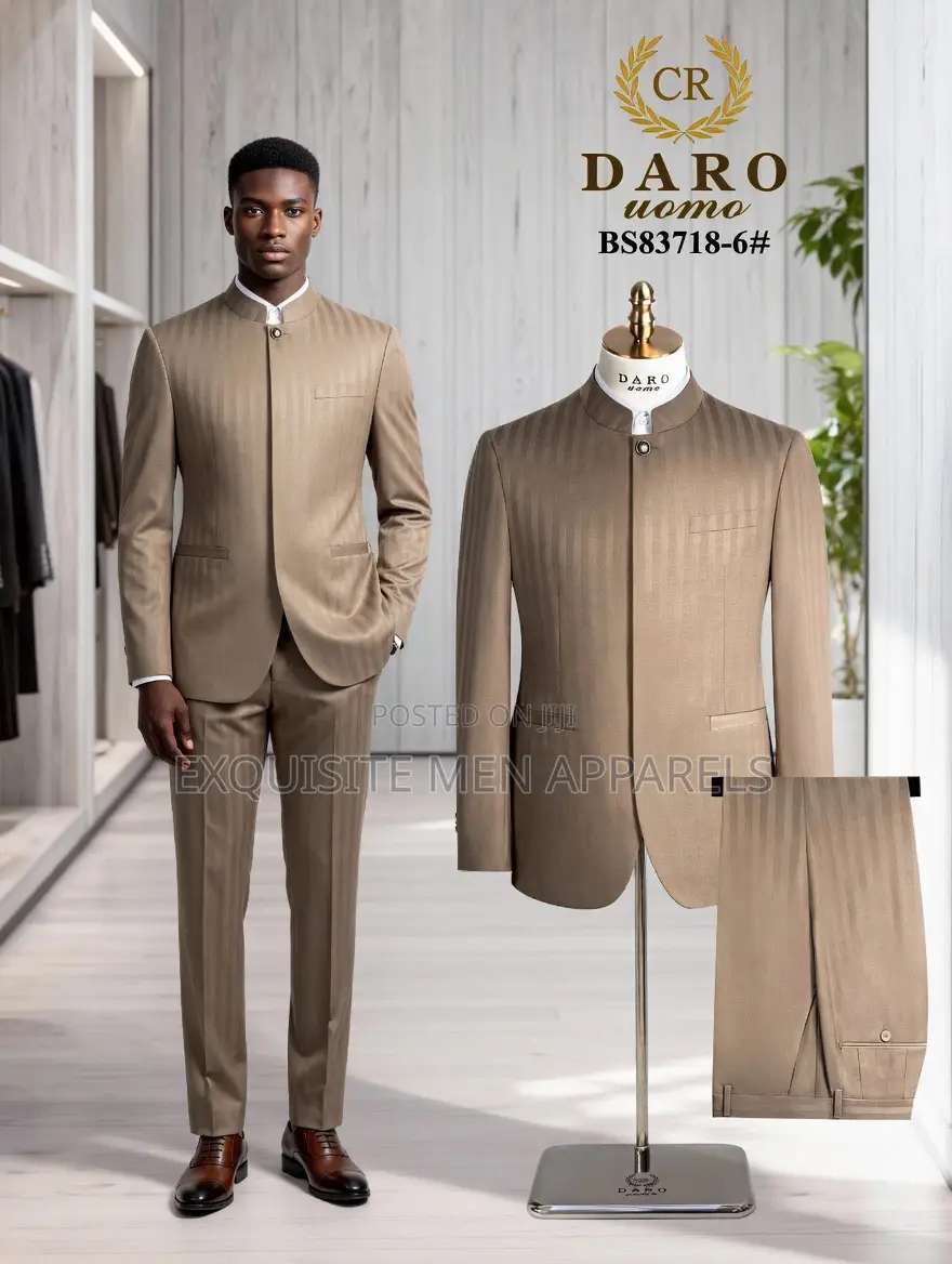 Quality Bishop Neck Stripe Safari Men’S Suit