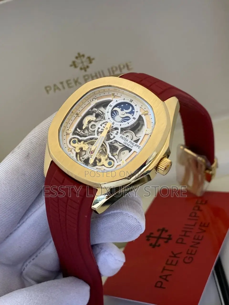 Patek Philippe Yellow Gold Automatic Engine Black Strap Wrist Watch