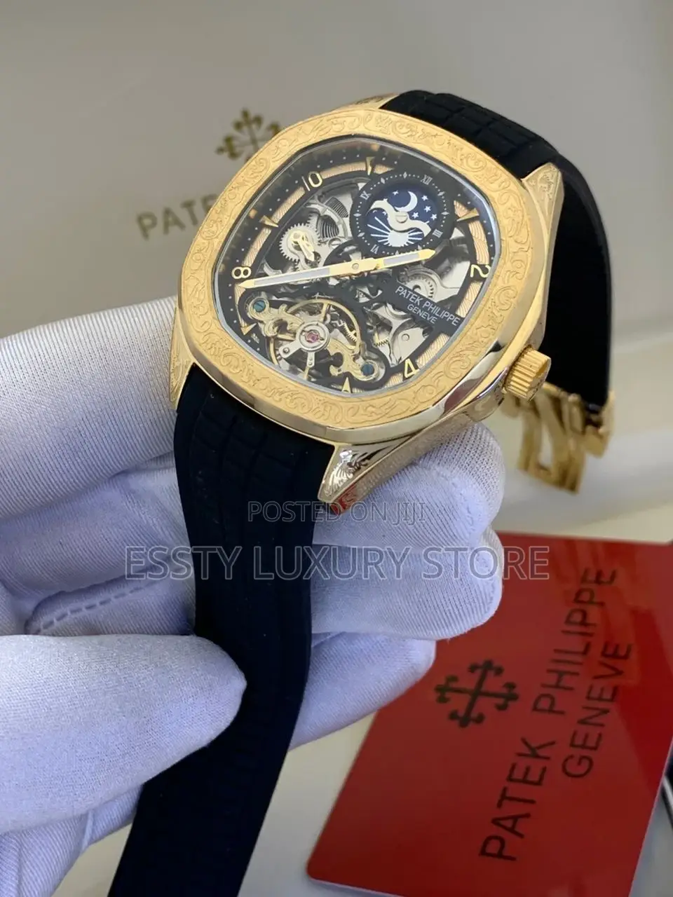 Patek Philippe Yellow Gold Automatic Engine Black Strap Wrist Watch
