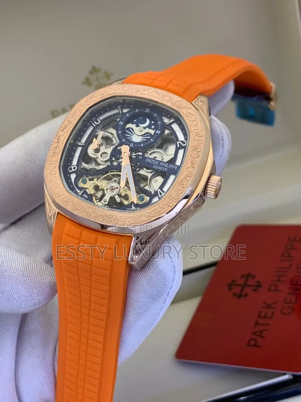 Patek Philippe Yellow Gold Automatic Engine Black Strap Wrist Watch