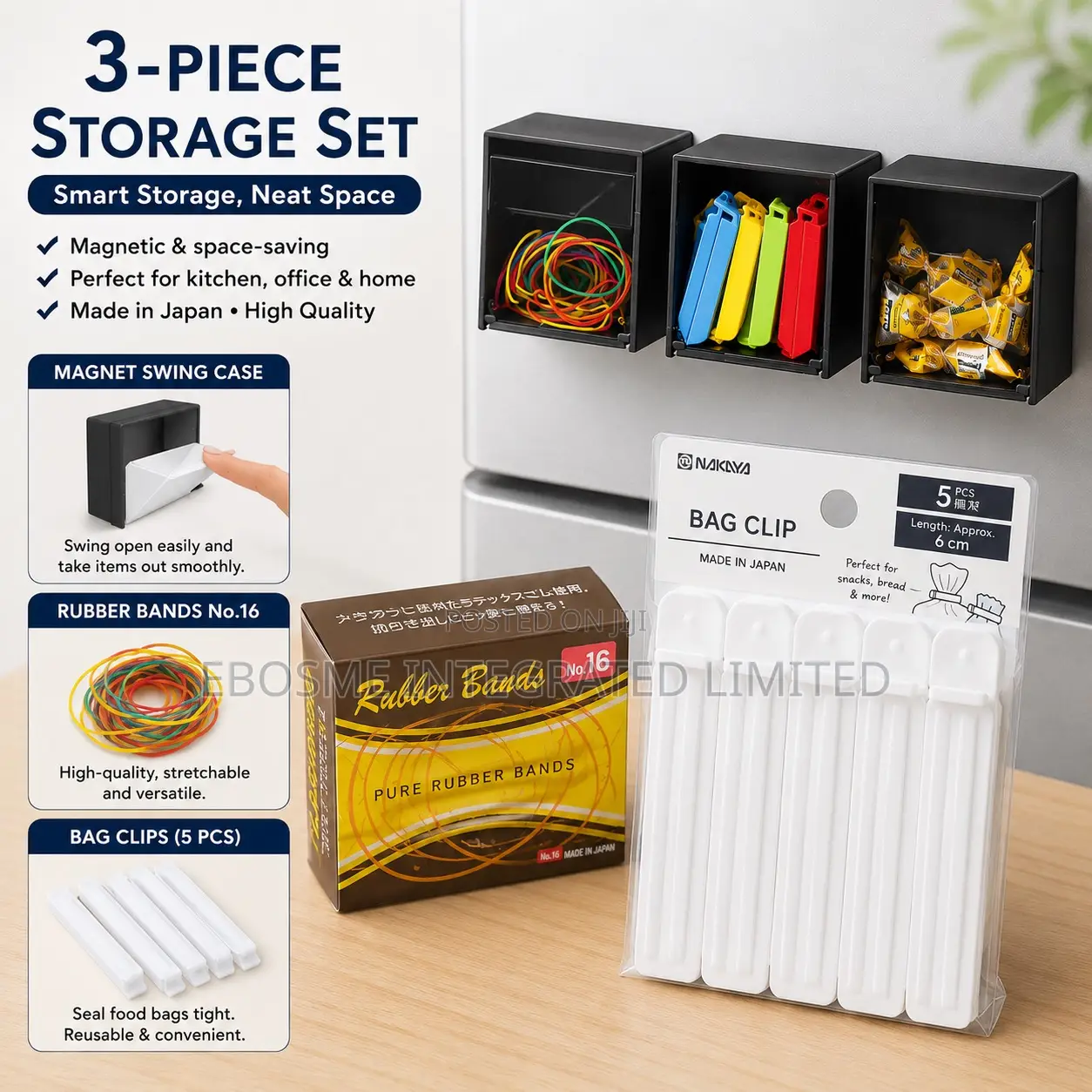 3-Piece Storage Set – Magnetic Case, Rubber Bands Bag Clips