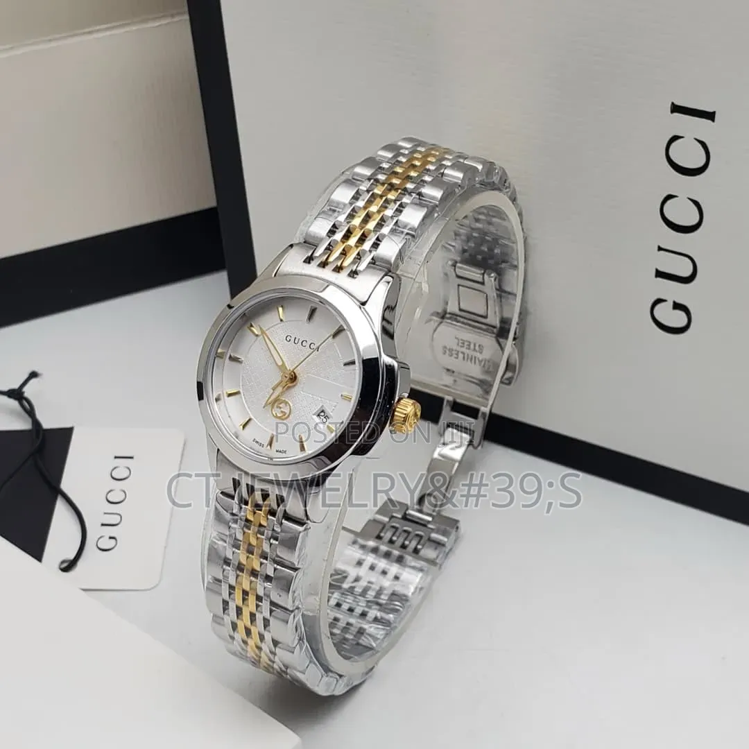 Gucci Style Two Tone Quartz Watch Silver Gold Stainless Steel Strap