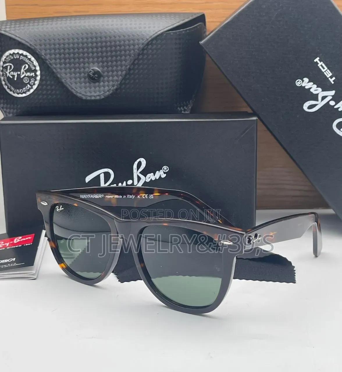 Ray-ban Wayfarer Tech Sunglasses Black/Animal Skin Full Box, Unisex