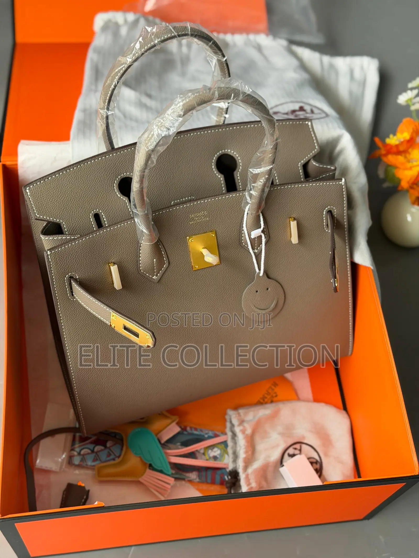 Luxury Hermes Epsom Leather Birkin Bag Color: Brown, Elephant Grey