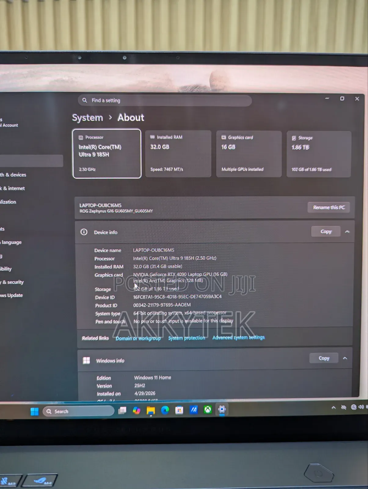 Laptop Asus ROG Zephyrus G16 32GB Intel Core Ultra 9 SSD 1T