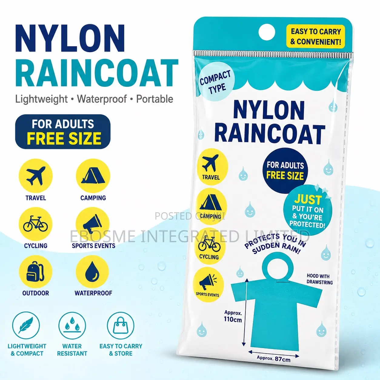 Portable Nylon Raincoat – Adult Free Size