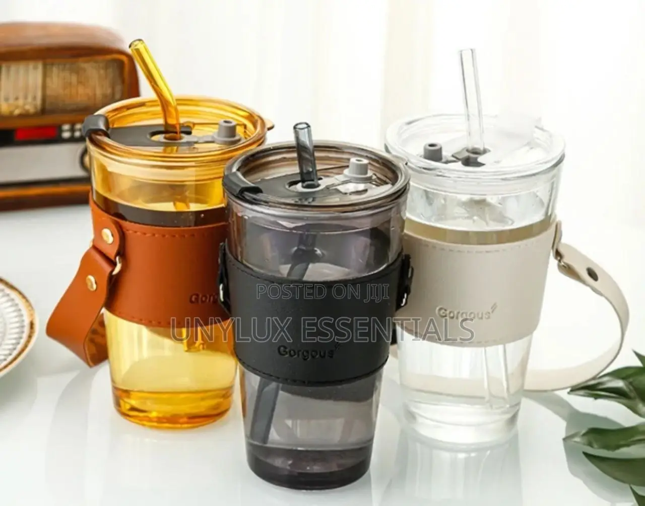 Handle Leather Coffee Cup With Straw