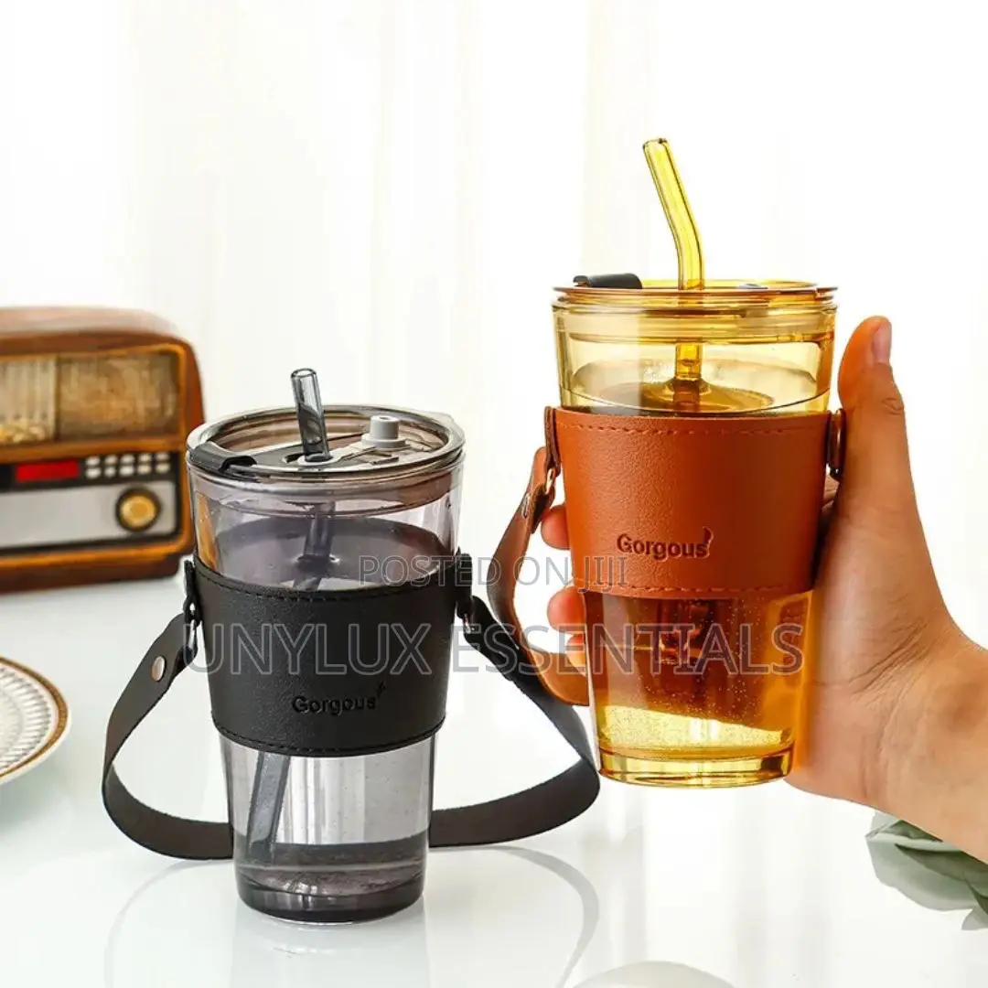 Handle Leather Coffee Cup With Straw