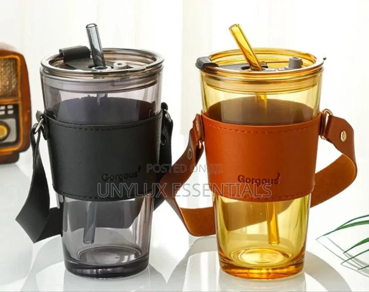 Handle Leather Coffee Cup With Straw