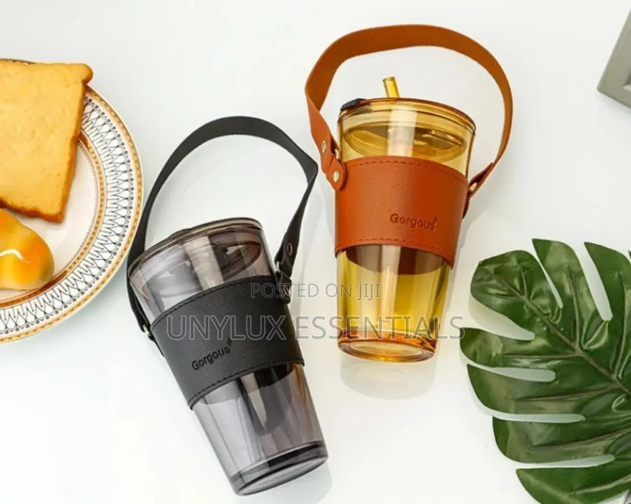 Handle Leather Coffee Cup With Straw