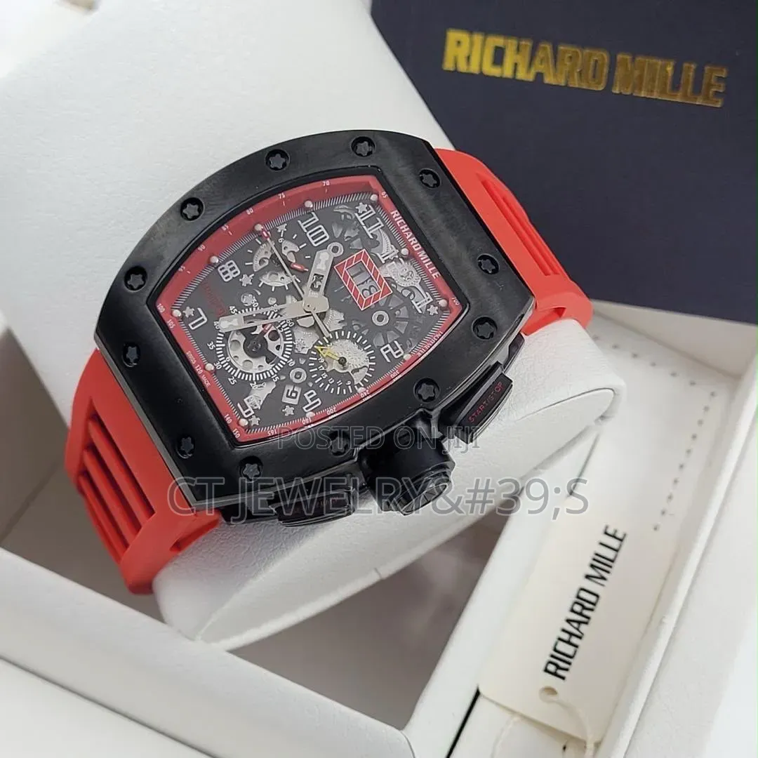 Luxury Richard Mille Skeleton Watch Black Rubber Strap, Chronograph