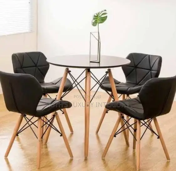 Wooden Leg Dining Table With 4 Leather Chairs