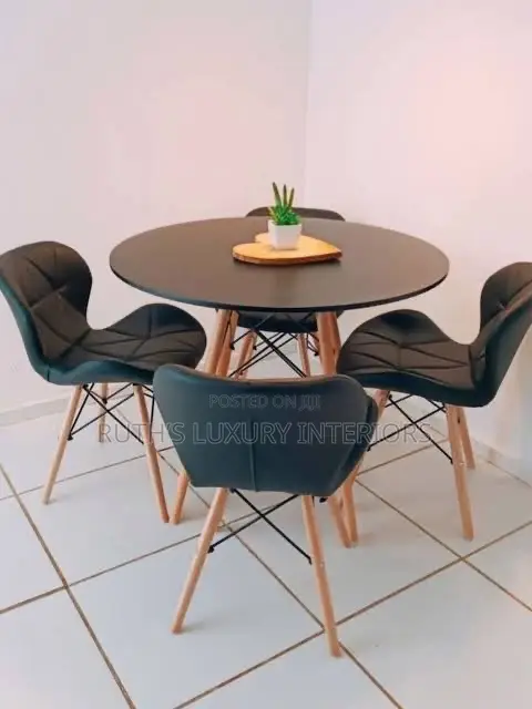 Wooden Leg Dining Table With 4 Leather Chairs