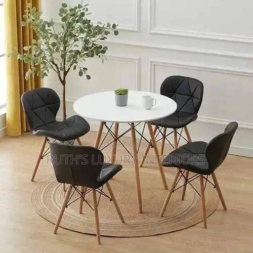 Wooden Leg Dining Table With 4 Leather Chairs