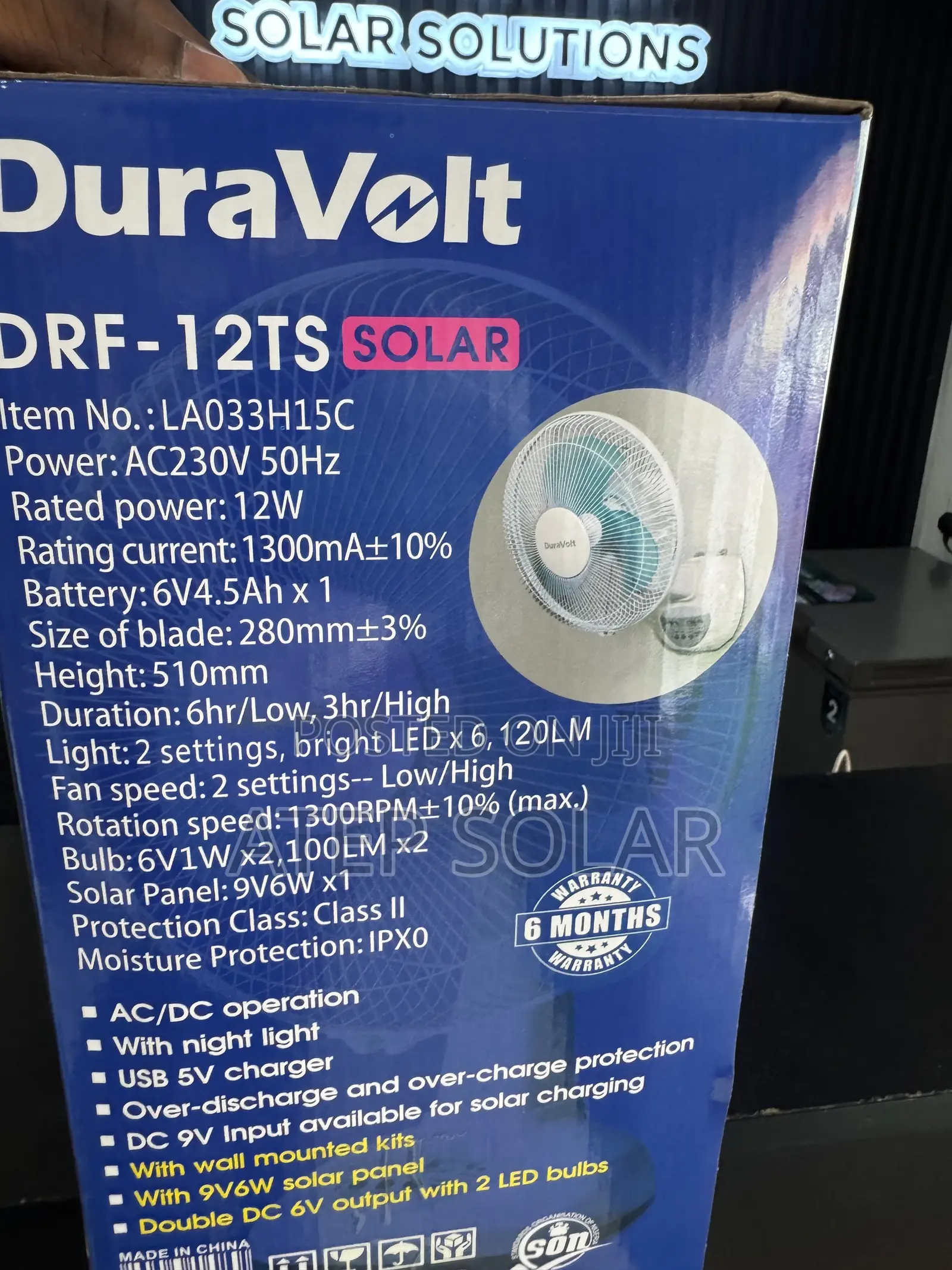 Duravolt 12 Inches Rechargeable Solar Table Fan 3in1
