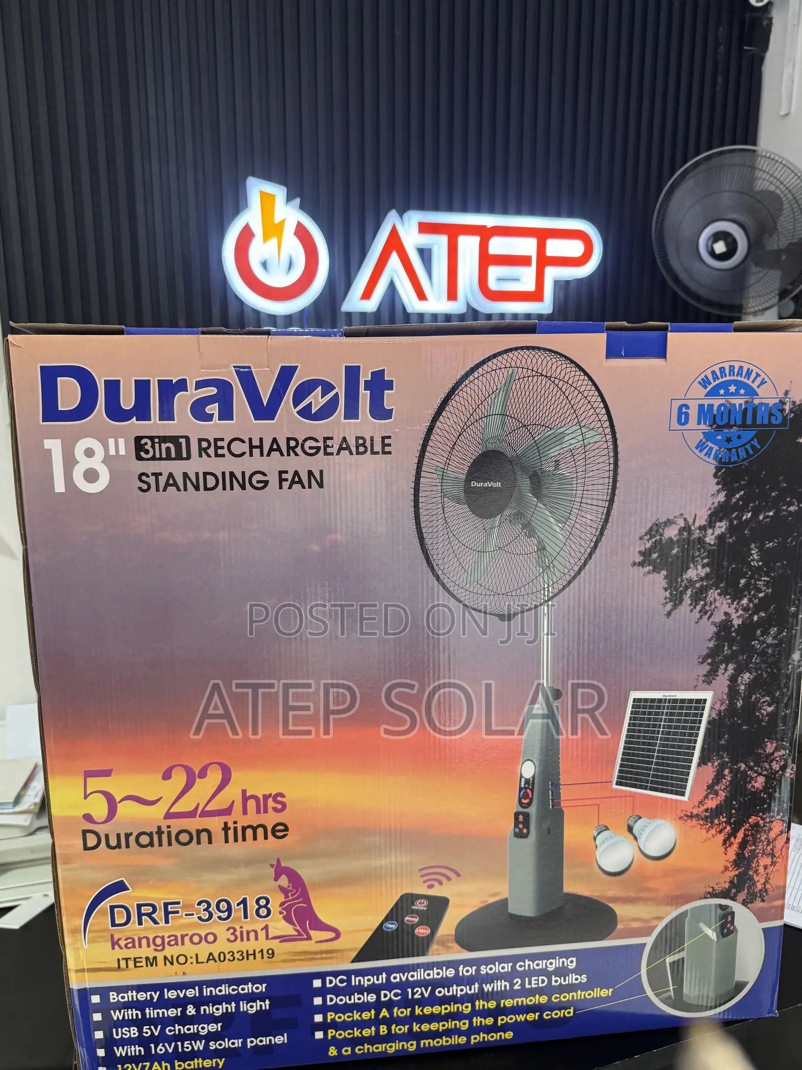 Duravolt 18” Inches Solar/Electric Rechargeable Fan 3 in 1