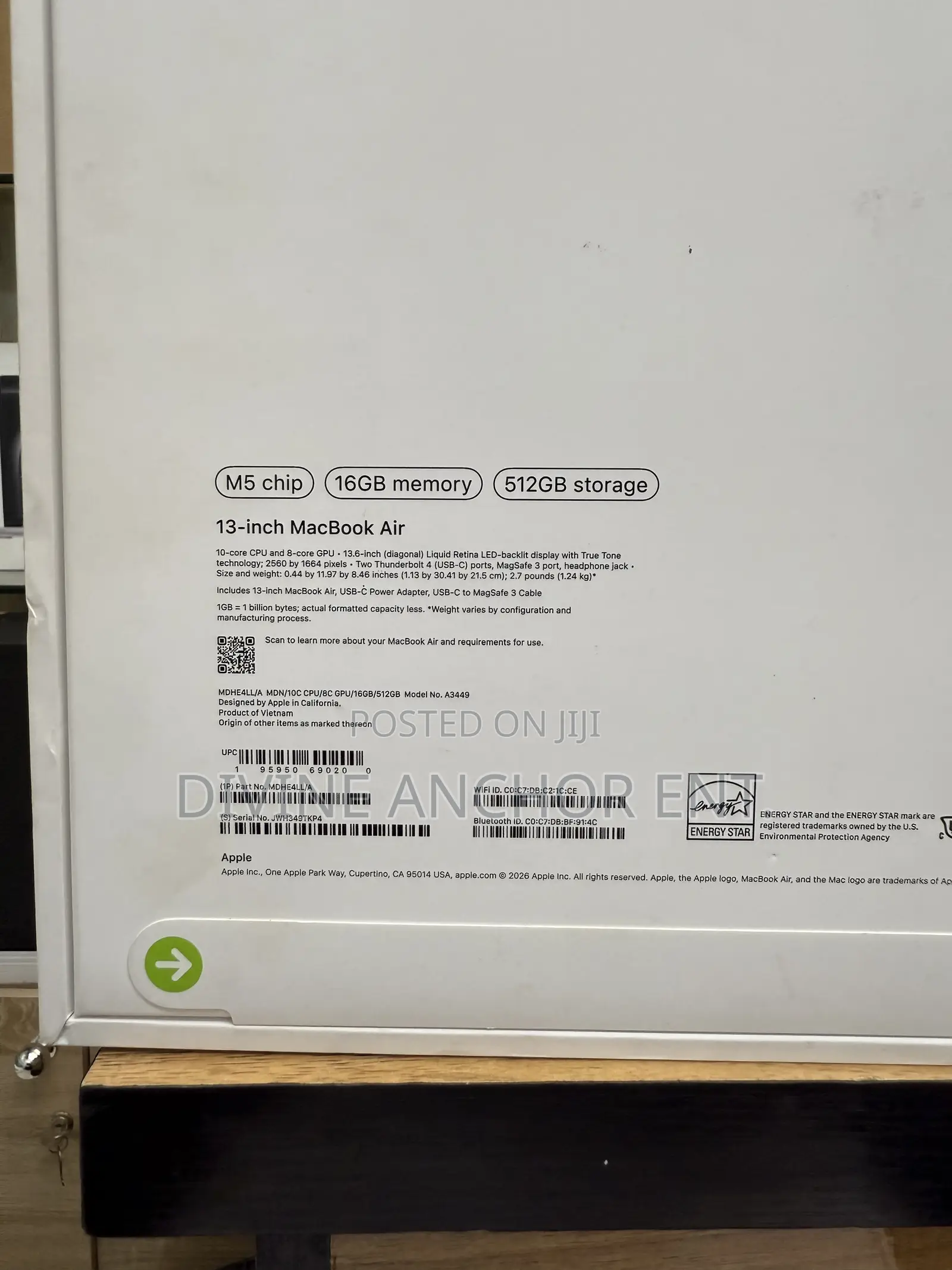 New Laptop Apple MacBook Air 2026 M5 16GB Apple M5 SSD 512GB