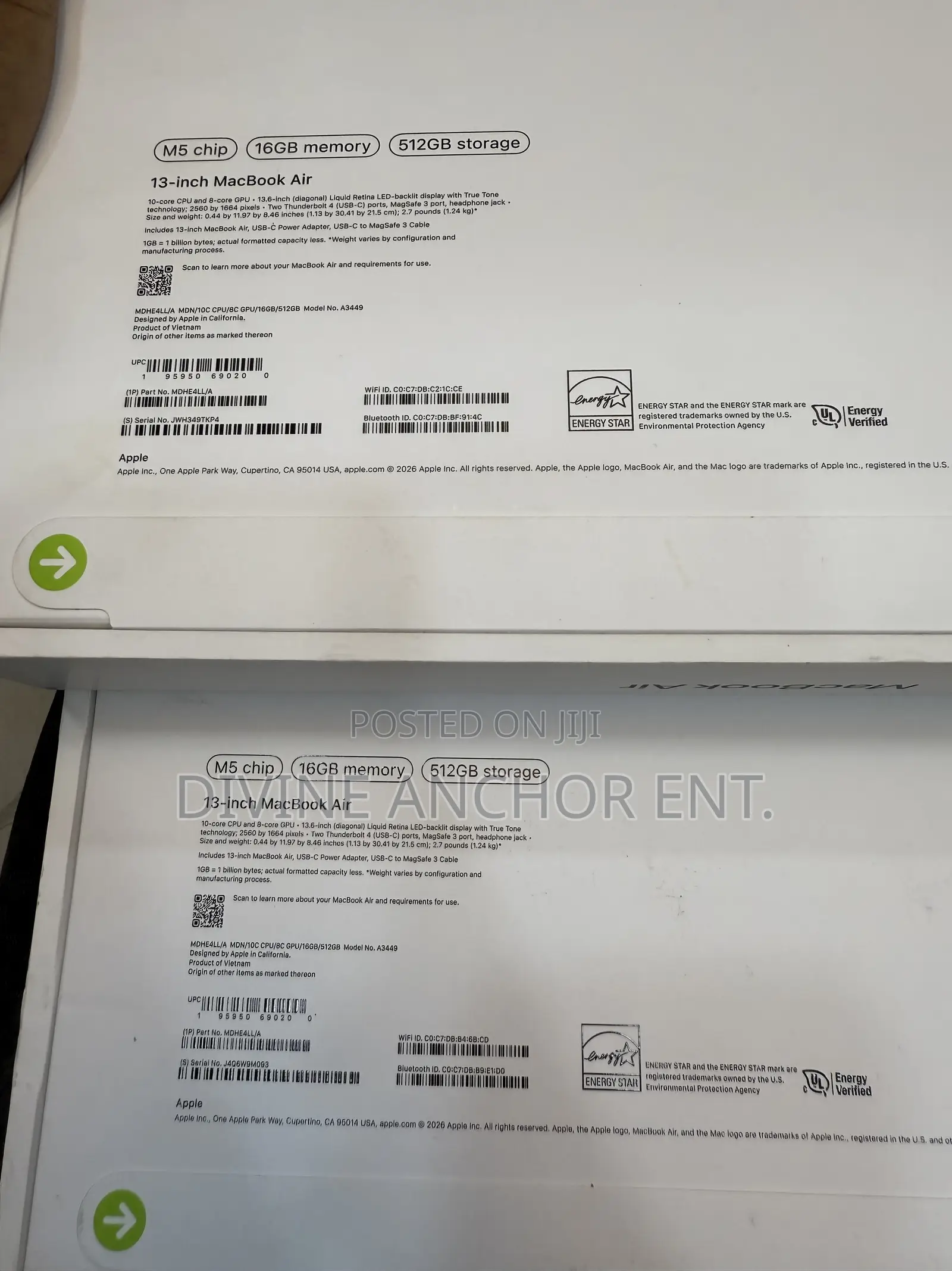 New Laptop Apple MacBook Air 2026 M5 16GB Apple M5 SSD 512GB