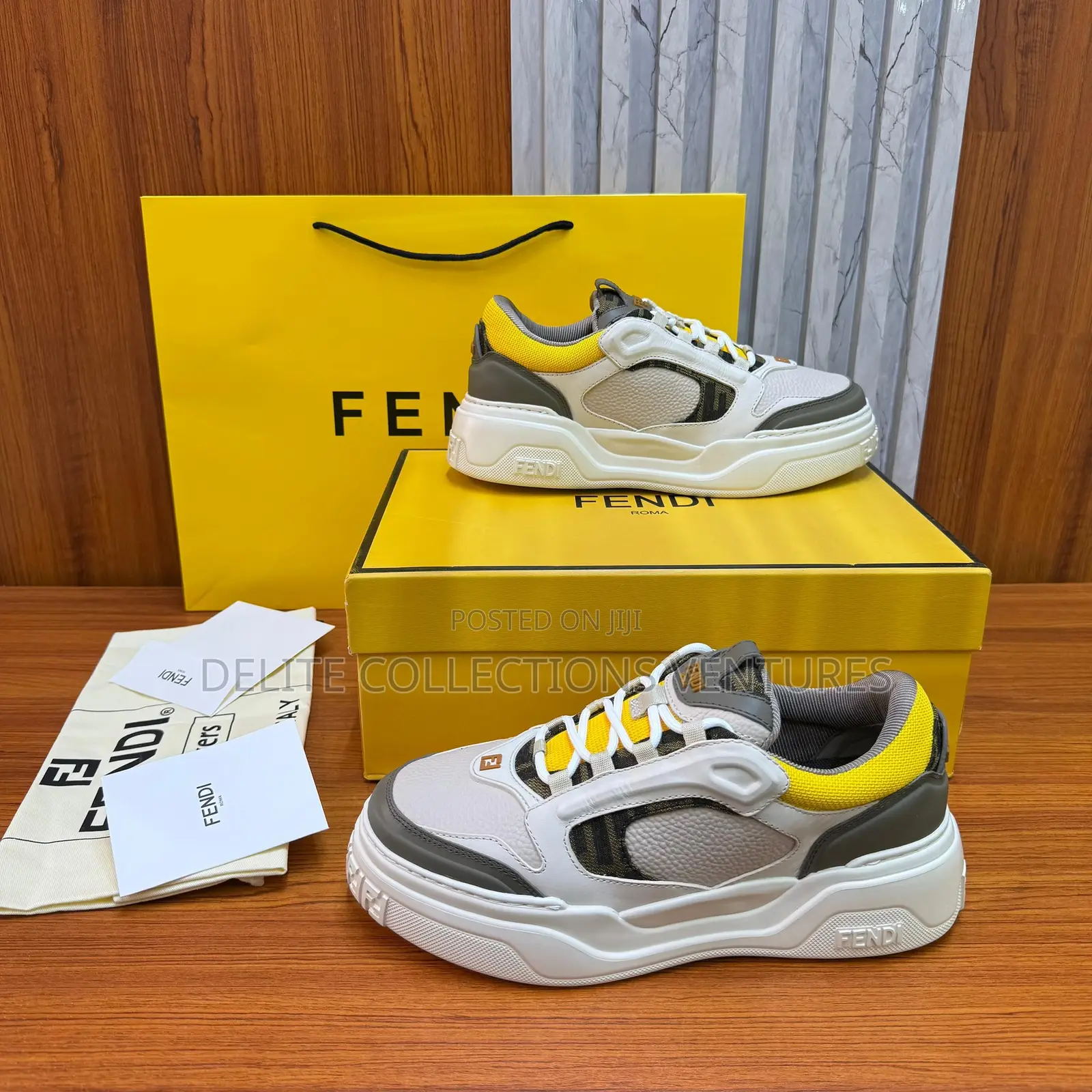 Fendi Force Trainers in White, Brown and Yellow Leather Low-Top.