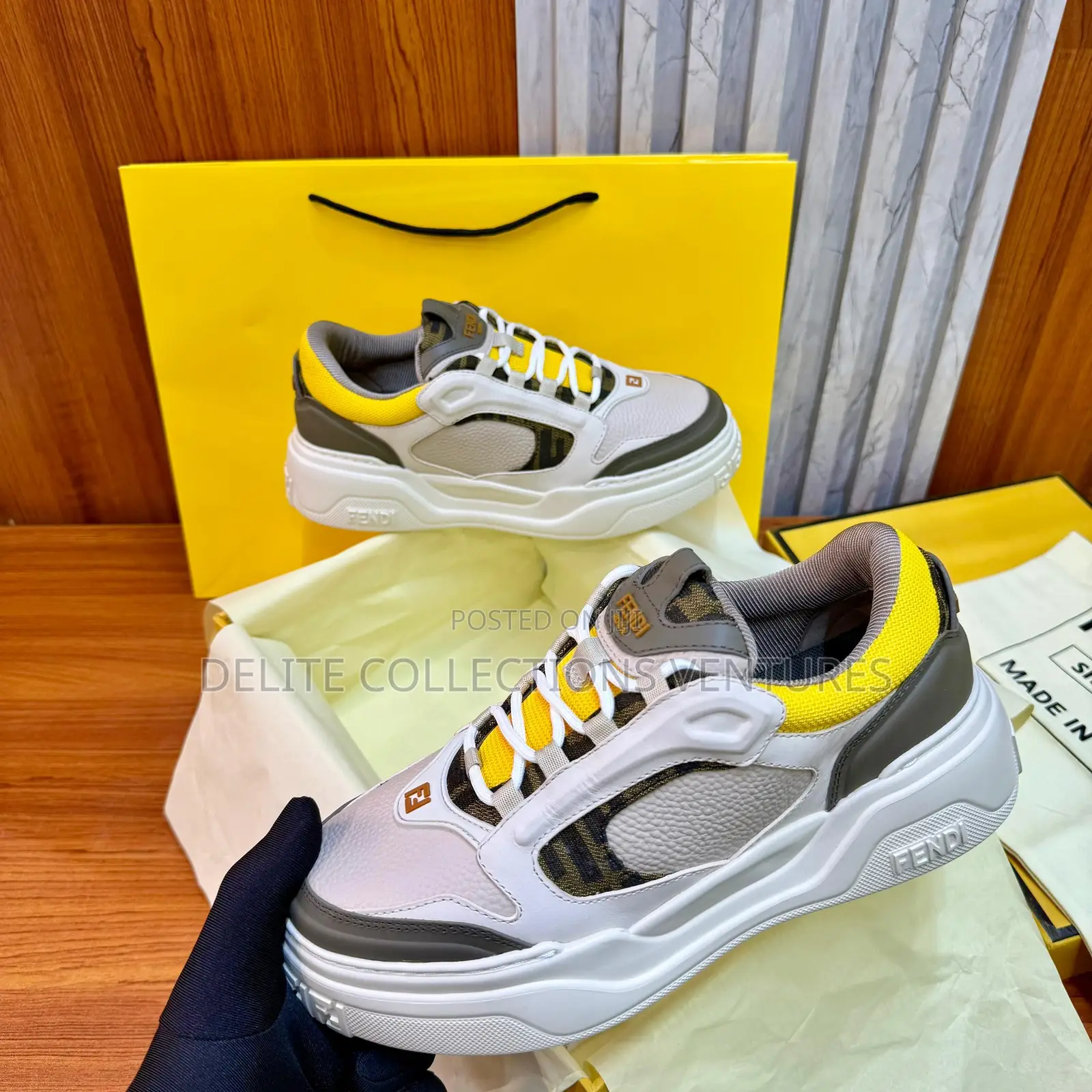 Fendi Force Trainers in White, Brown and Yellow Leather Low-Top.