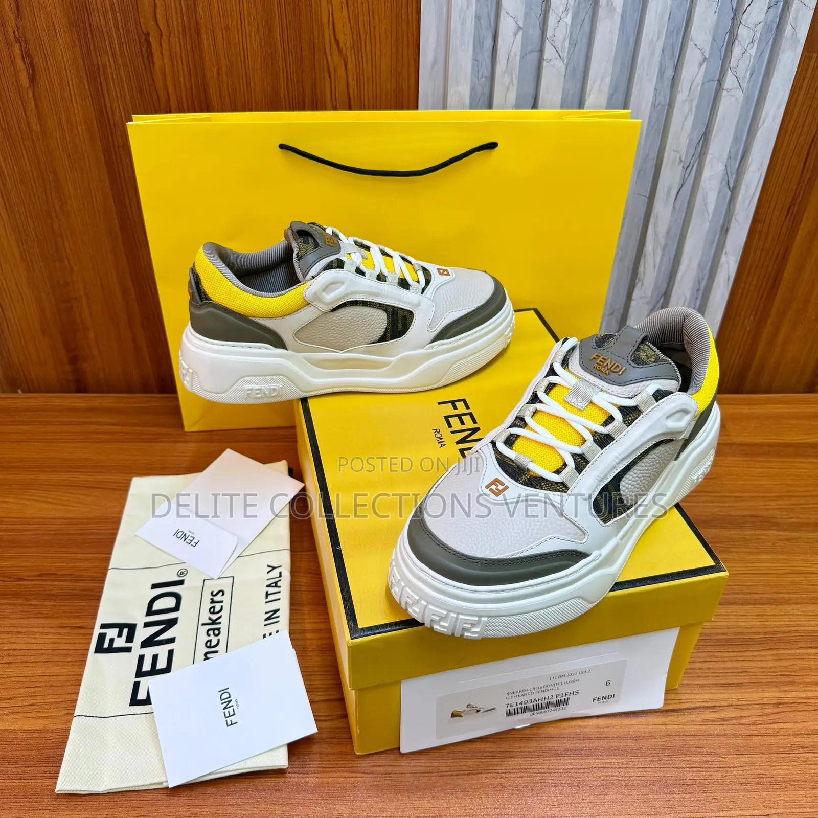 Fendi Force Trainers in White, Brown and Yellow Leather Low-Top.