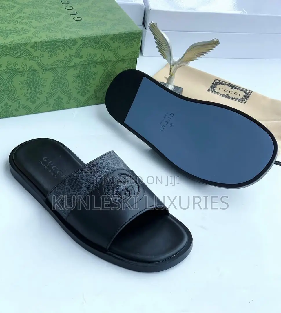 Original Gucci Black Blue Cover Leather Slippers