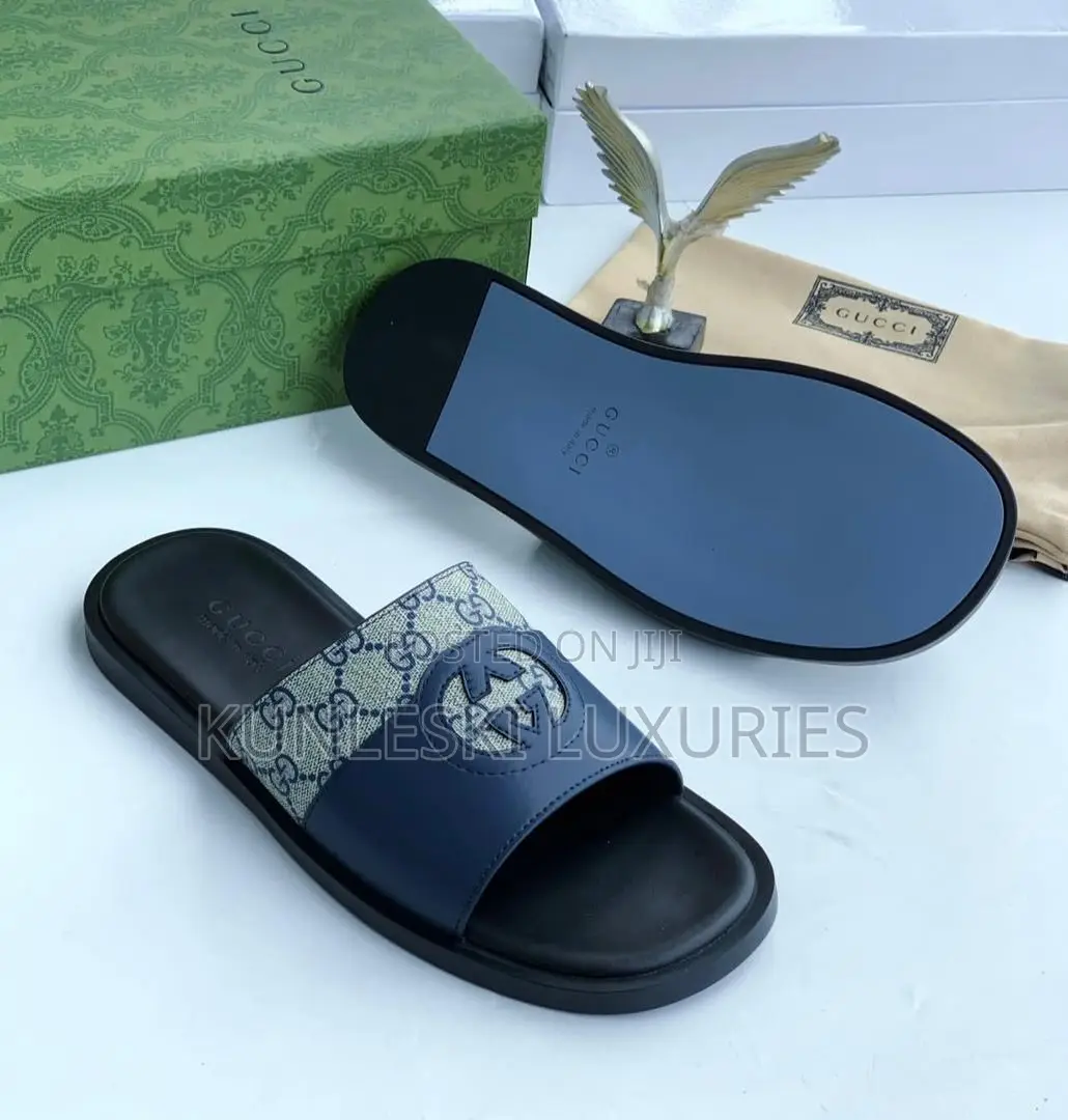 Original Gucci Black Blue Cover Leather Slippers