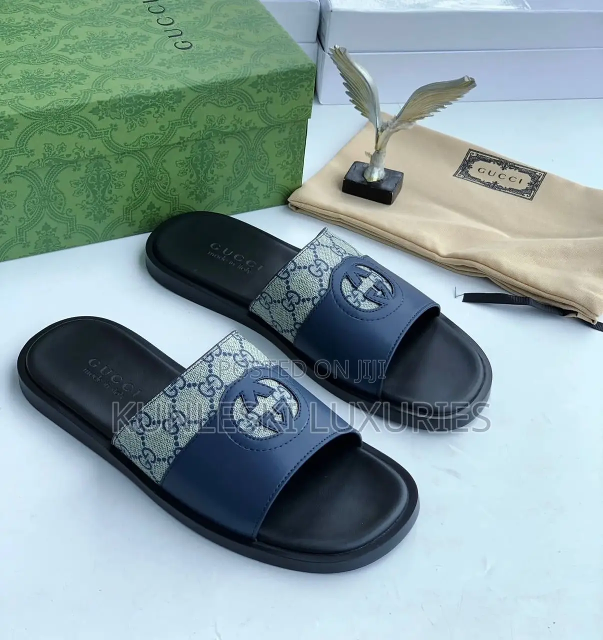 Original Gucci Black Blue Cover Leather Slippers