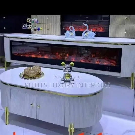 Luxury Tv Stand With Electric Fire Display And Marble Top Center Table