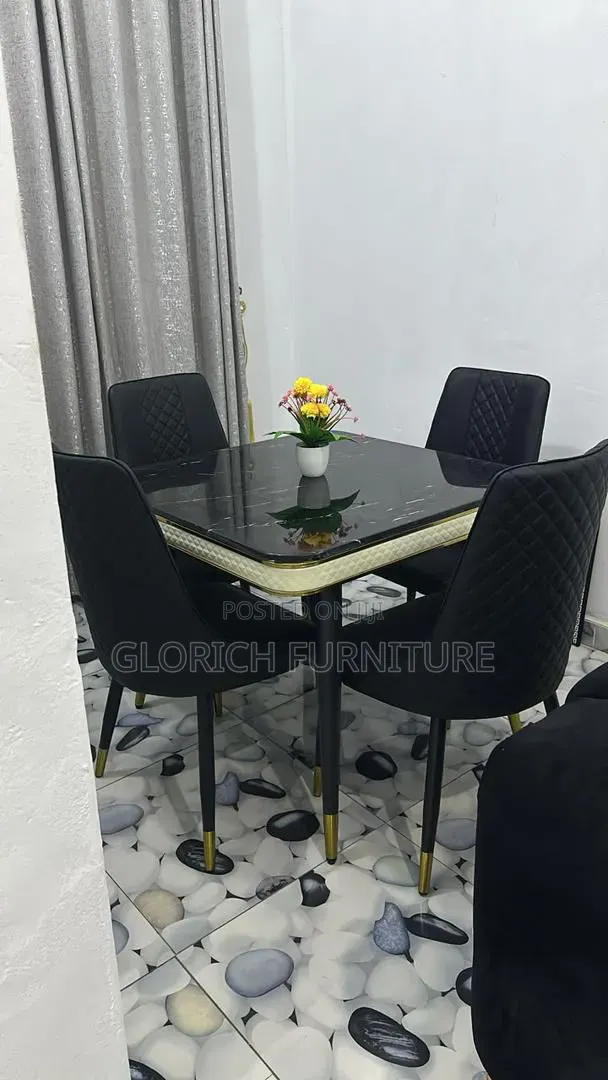 Luxury 5-Piece Black Marble Dining Set – Gold Trim Velvet Chairs