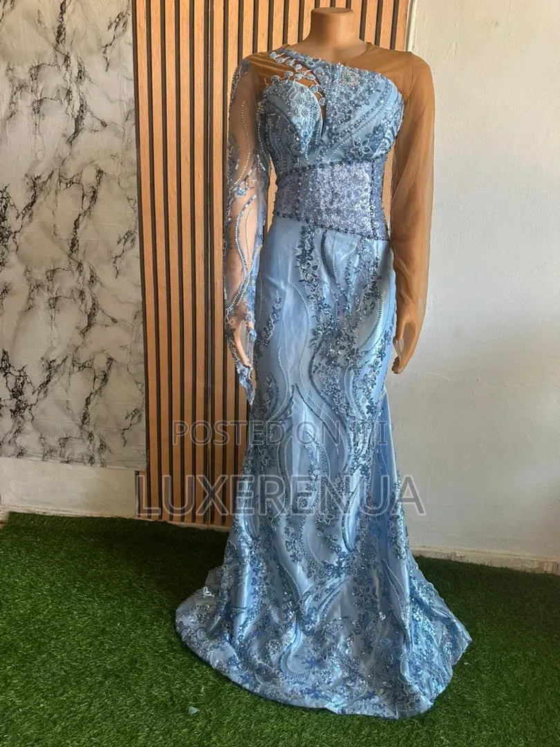 Sky Blue Beaded Lace Gown