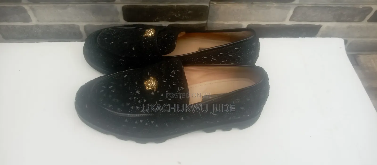 Versace Quality Men's Geometric Crystal-Encrusted Black Slipon Loafers