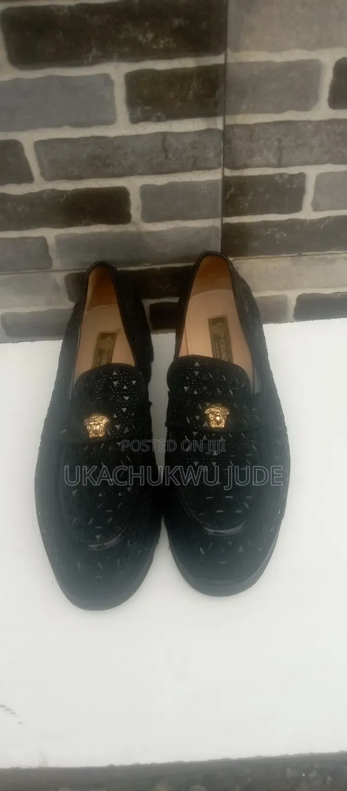 Versace Quality Men's Geometric Crystal-Encrusted Black Slipon Loafers