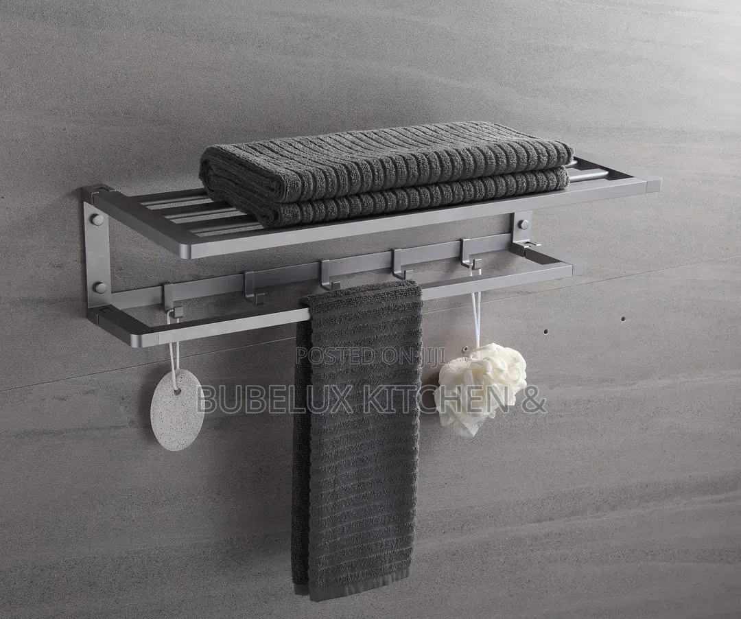 Bathroom Towel Rack Shelf - Wall Mount Shelf With Hooks Hanger`