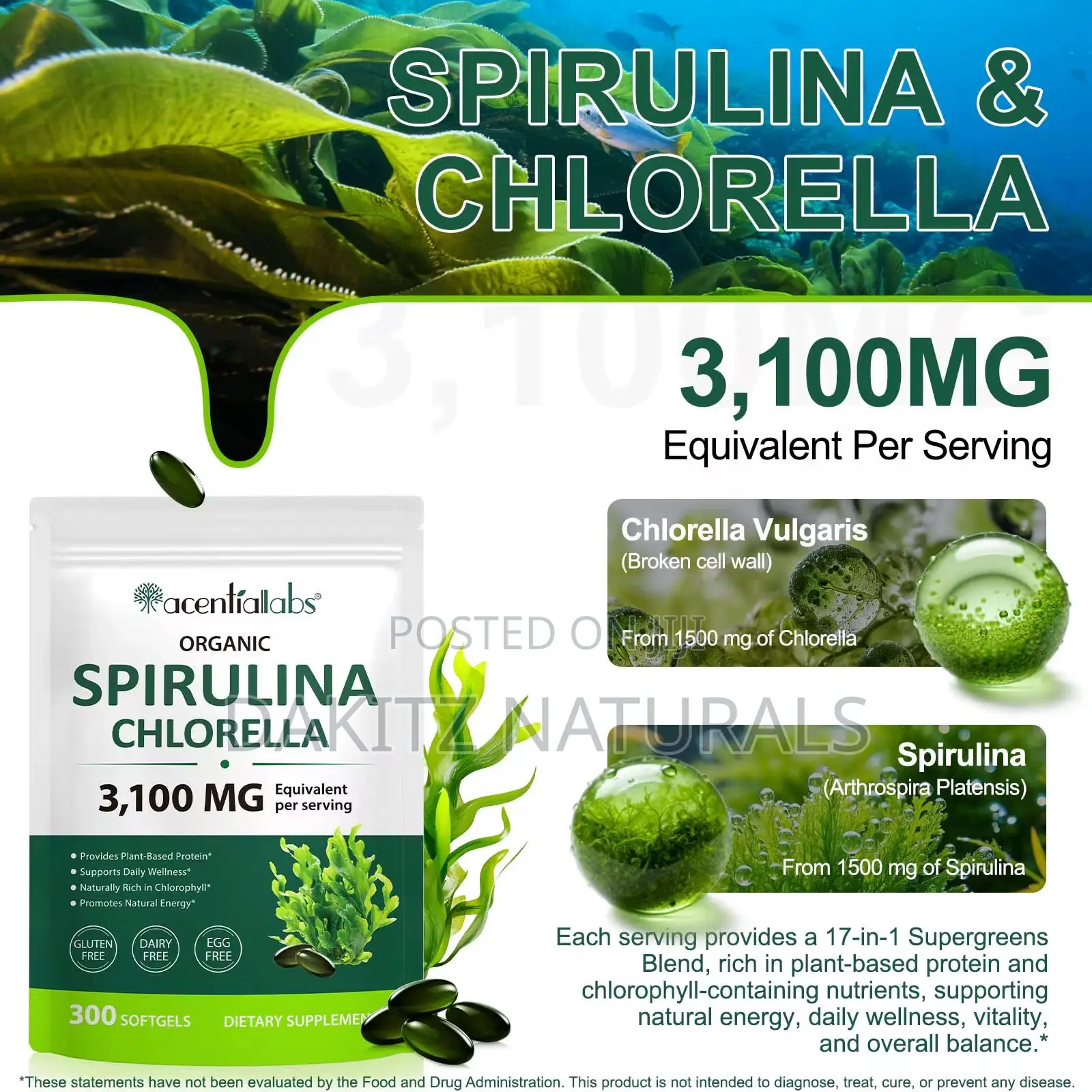 Organic Spirulina Chlorella 300softgels